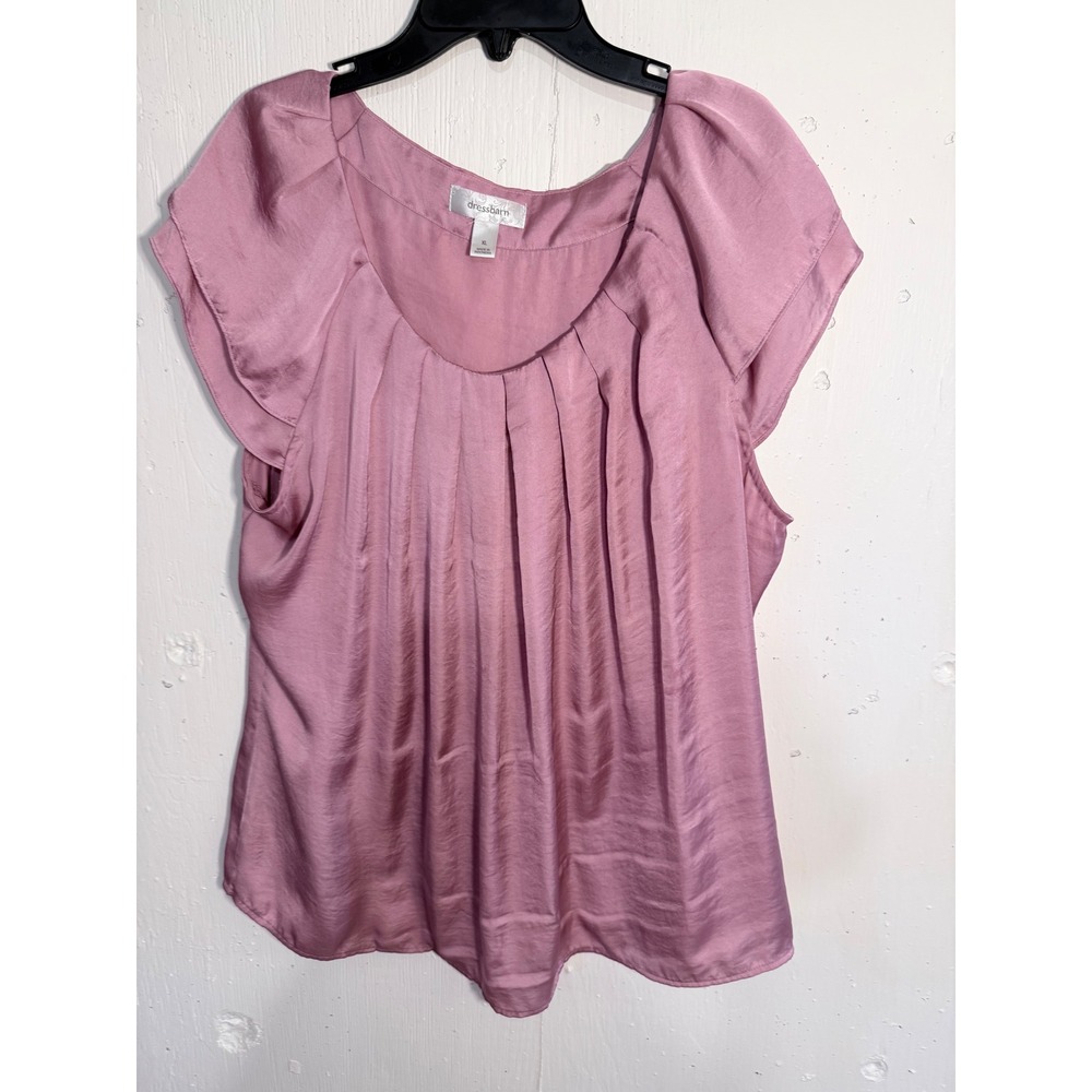 Dressbarn Womens XL Mauve Pink Pleated Scoop Neck Satin Blouse Cap Sleeve Top